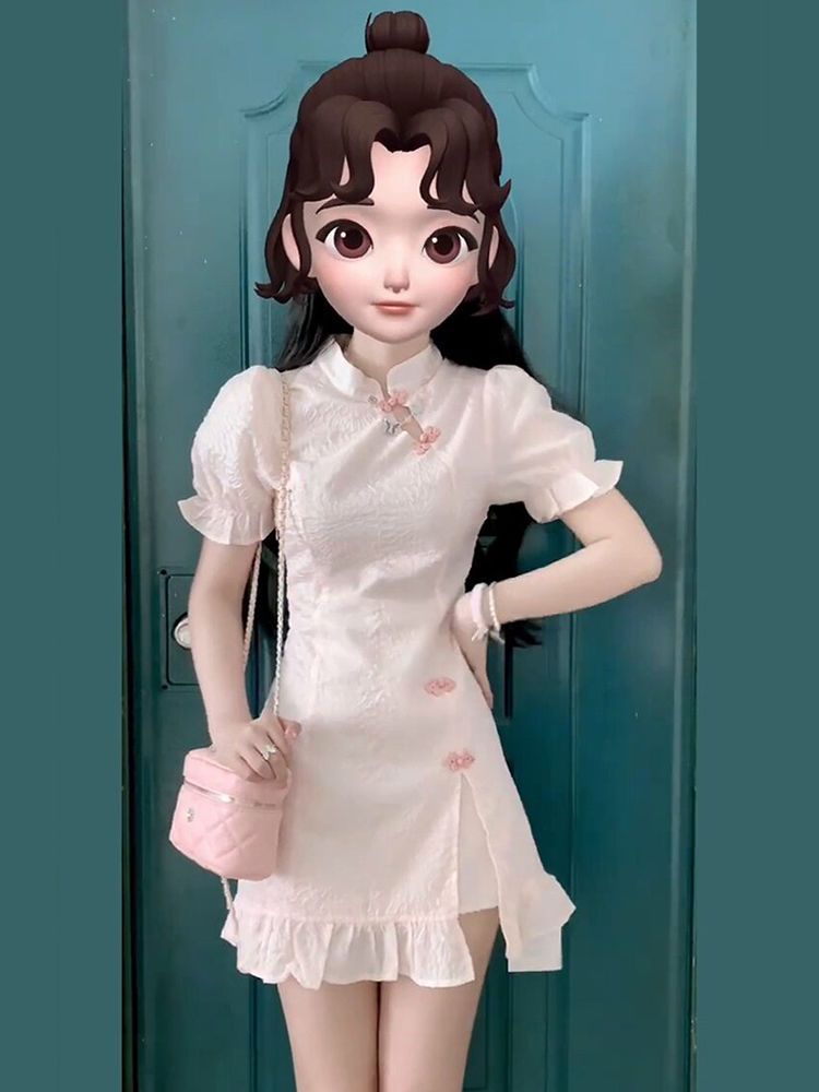 旗袍改良国风小个子粉色少女年轻款夏季新中式日常短款连衣裙