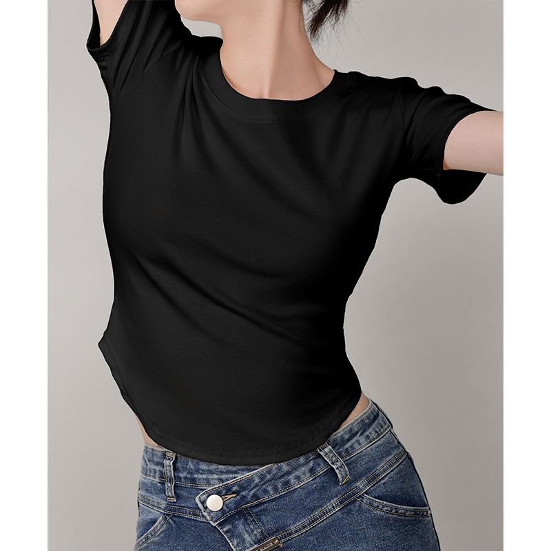 Design sense carefully niche short-sleeved t-shirt women's round neck irregular hem summer short slim French shirt ins