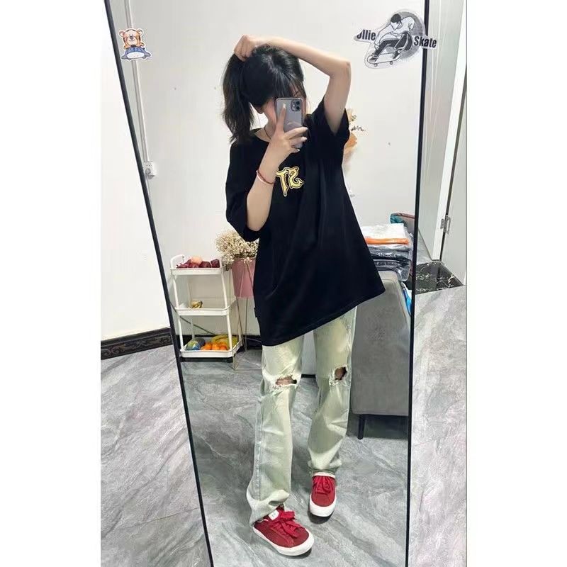 100%純棉個性原宿bf高街字母印花短袖T恤女學生寬鬆顯瘦上衣服潮