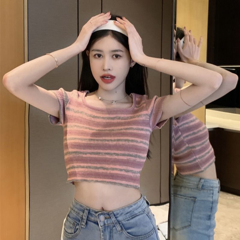 Pink striped knitted short-sleeved T-shirt women 2023 summer new design sense niche pure desire hot girl short top