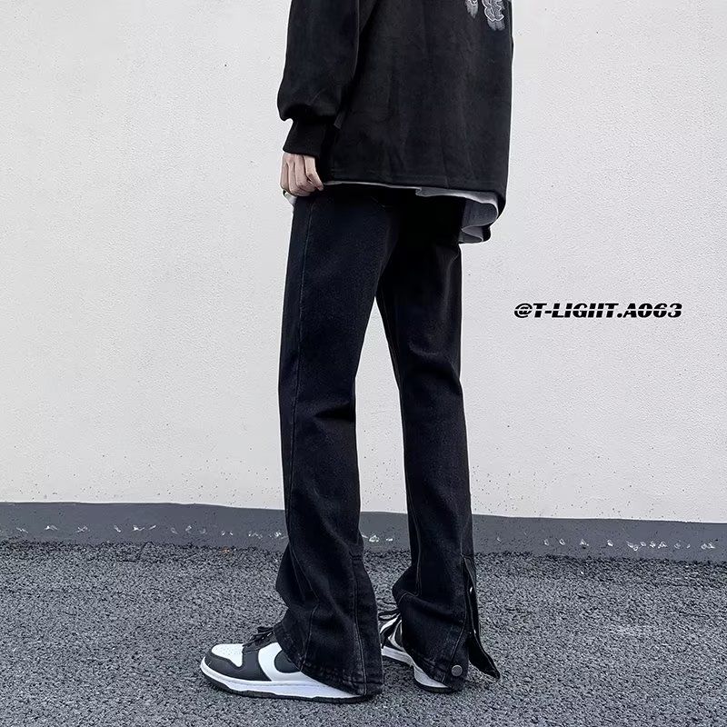 黑色牛仔裤男夏季潮牌宽松百搭设计感排扣裤美式vibe高街微喇裤子