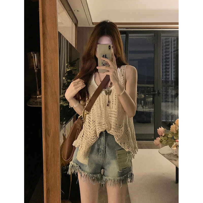 Retro washed ripped denim shorts women's small summer straight slim loose wide-legged a-line hot pants