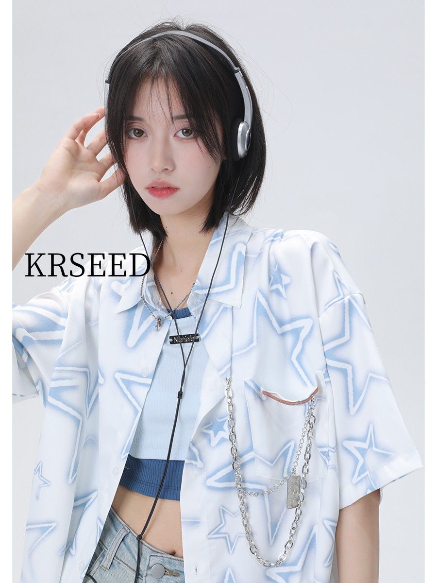 KRSEED藍色甜美滿印星星鏈條外穿襯衫女夏季小眾寬鬆百搭短袖上衣
