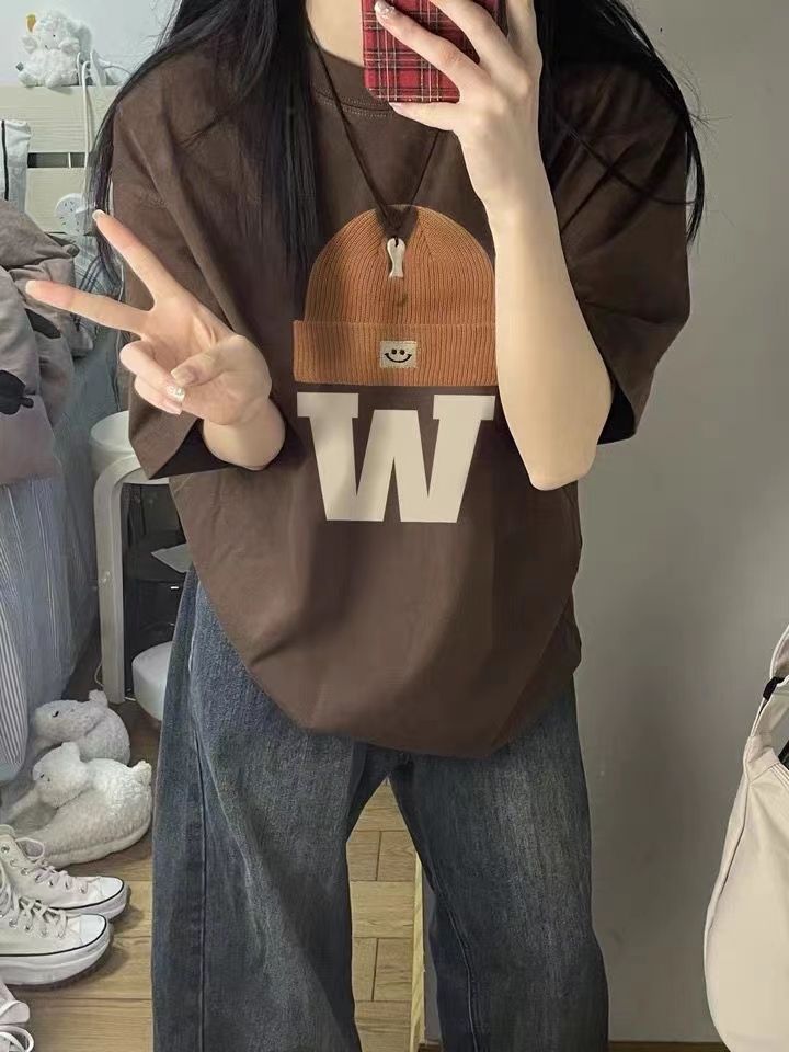 100%純棉美式復古潮牌字母印花丅恤短袖女寬鬆慵懶風學生棕色上衣