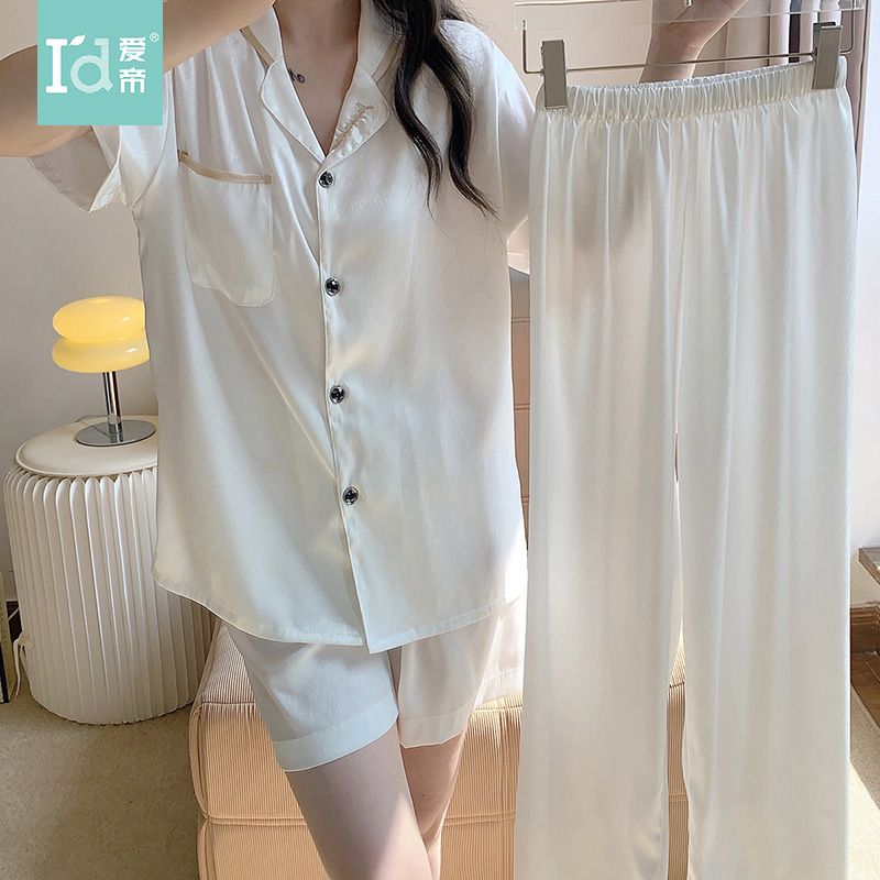Aidi ID ice silk pajamas women's summer new three-piece short-sleeved shorts thin section cartoon trousers home service suit