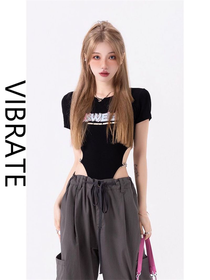 VIBRATE short-sleeved t-shirt women's summer new jumpsuit reveal waist slim fit jumpsuit niche design sense ins