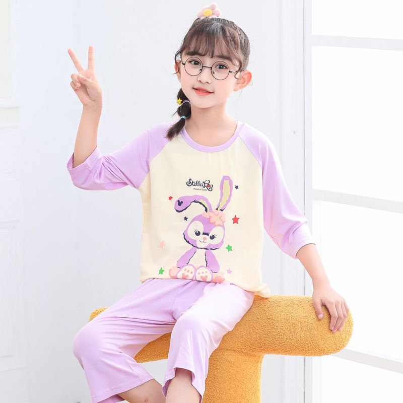 夏季薄款兒童空調服女孩睡衣莫代爾七分袖小孩家居服男童女童套裝