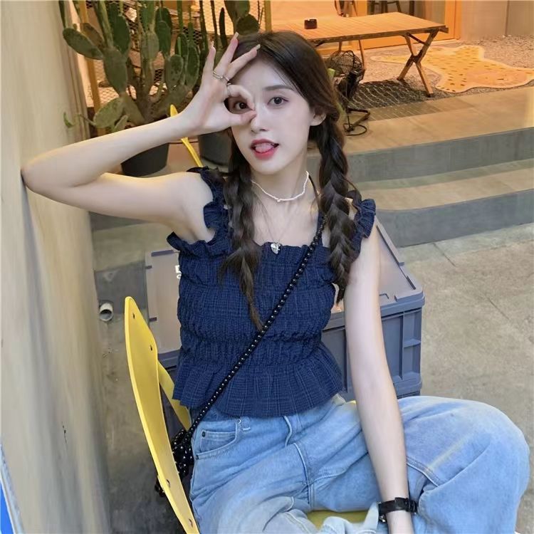 Sweet and spicy wind raspberry powder pleated small suspenders vest women's summer rose red design sweet and cool short top