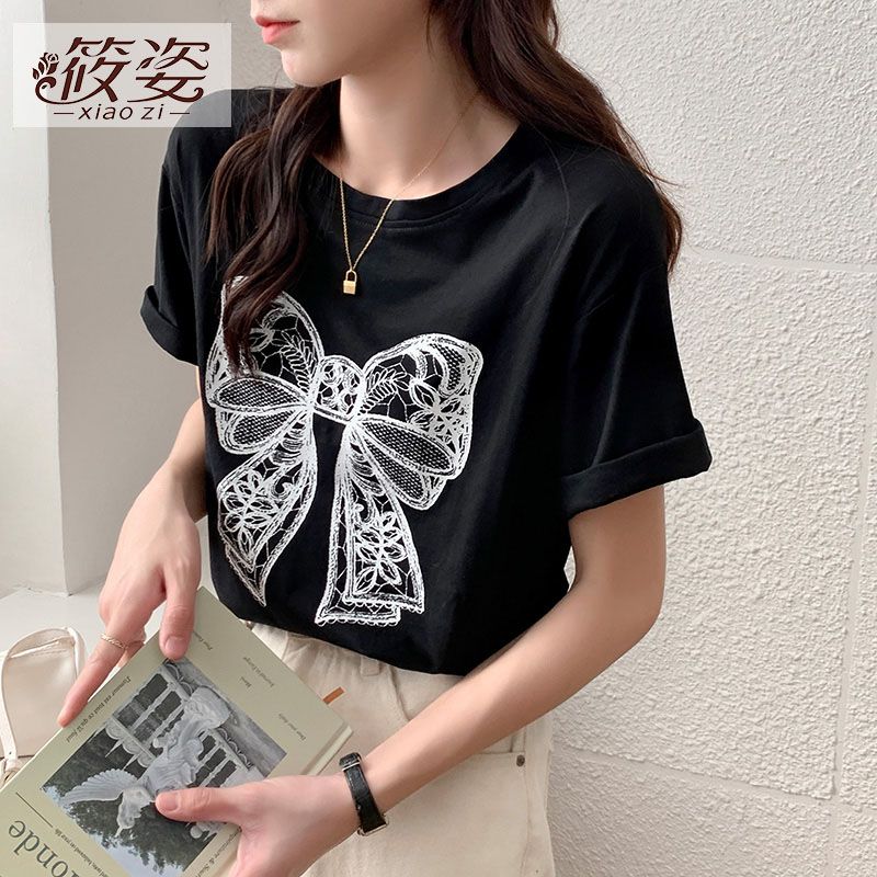 筱姿純棉T恤女裝短袖夏款寬鬆顯瘦網紗蝴蝶結印花小眾上衣設計感