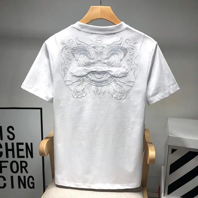夏季新款国潮中国风醒狮刺绣短袖T恤 男小众设计感民族风体恤半袖