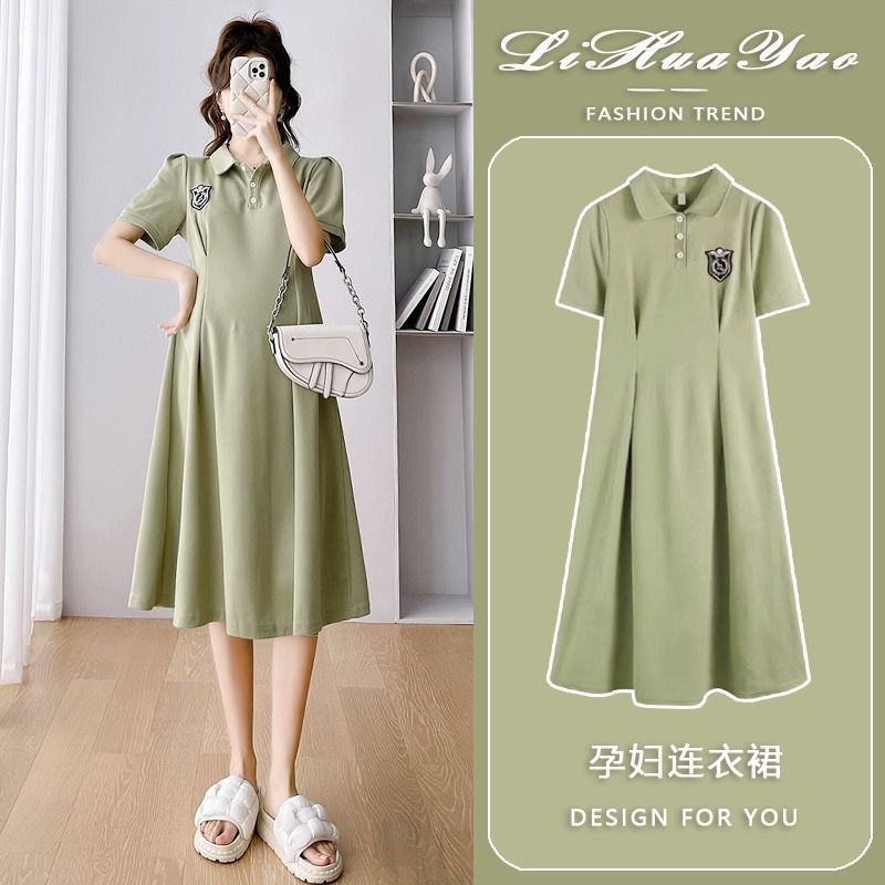 Summer new maternity dress net red polo collar fat mm large size dress female Korean version knee skirt 2-300 catties