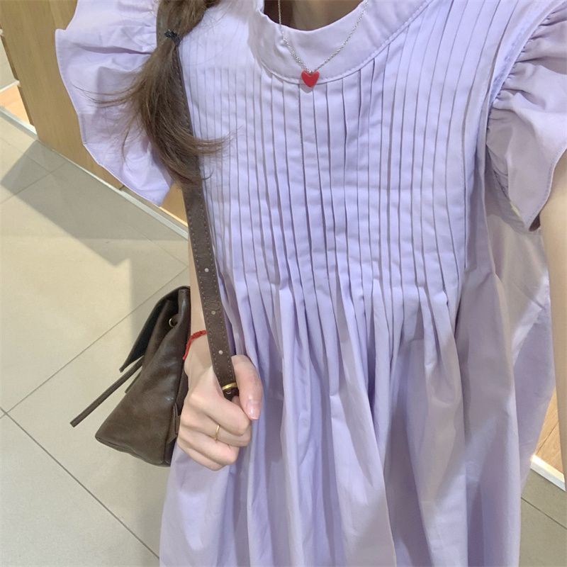 Purple sweet little flying sleeve dress female summer  new small man age reduction pleated loose A-line skirt