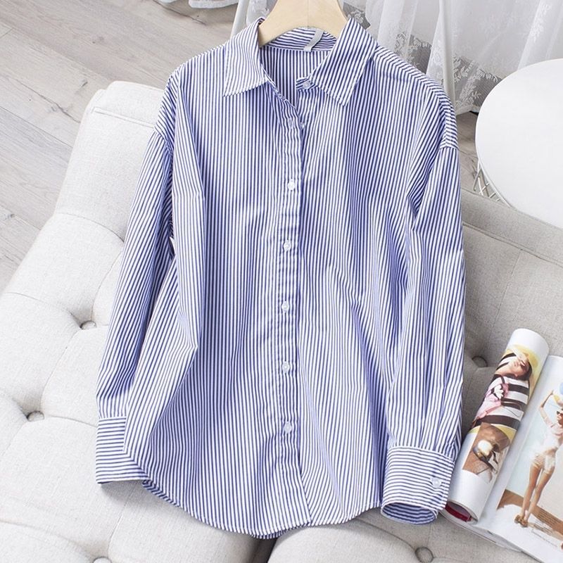 外貿春秋工作服細條紋襯衫女寬鬆百搭顯瘦輕奢長袖高品質襯衣ins