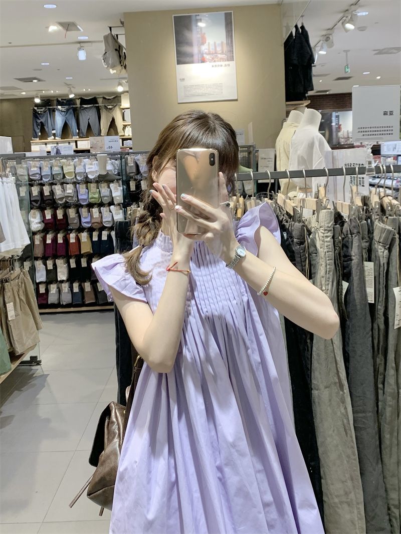 Purple sweet little flying sleeve dress female summer  new small man age reduction pleated loose A-line skirt