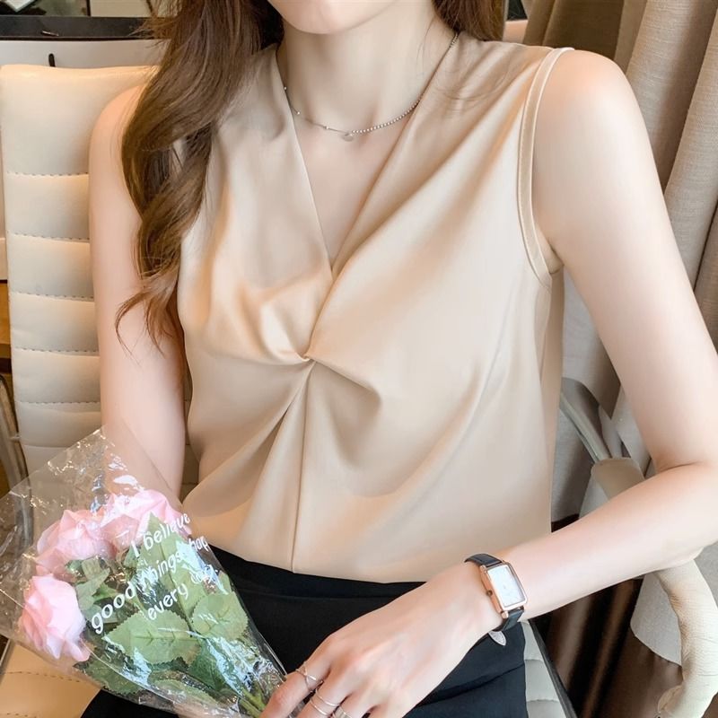吊帶背心女搭夏季V領無袖內搭寬鬆外穿緞面甜美雪紡遮肚子上衣