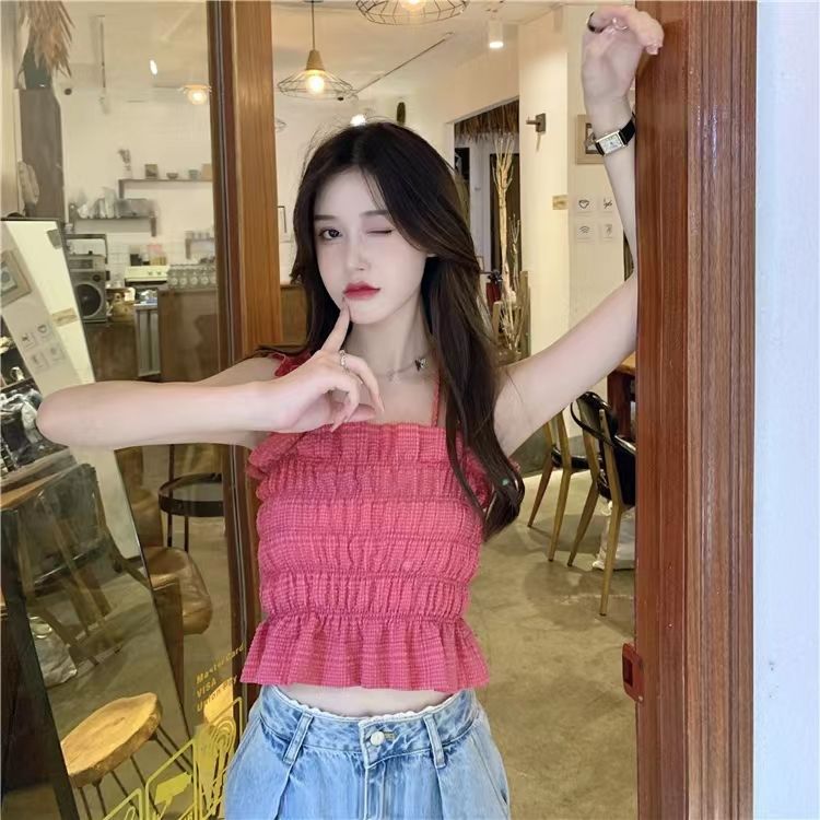 Sweet and spicy wind raspberry powder pleated small suspenders vest women's summer rose red design sweet and cool short top