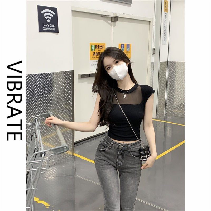 VIBRATE Korean version of black mesh micro-permeable lace stitching T-shirt summer hot girl slim short-sleeved top women's clothing