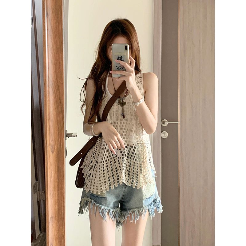 Retro washed ripped denim shorts women's small summer straight slim loose wide-legged a-line hot pants