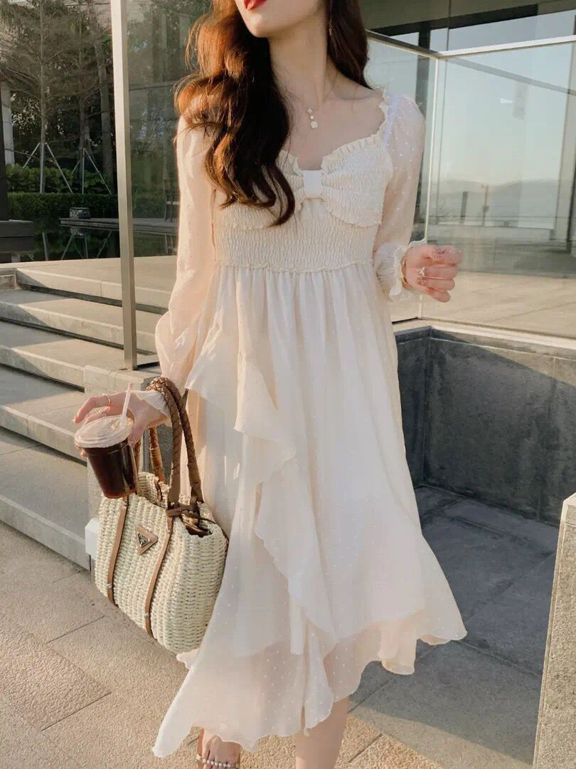 Spring and Autumn Puff Sleeve Bowknot Square Neck Dress Women's Design Sense Niche High Sense French Platycodon Tea Break Skirt