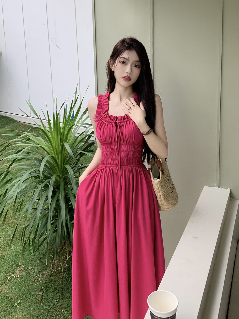 筱姿法式复古吊带连衣裙女装玫红色裙子收腰显瘦气质系带褶皱长裙