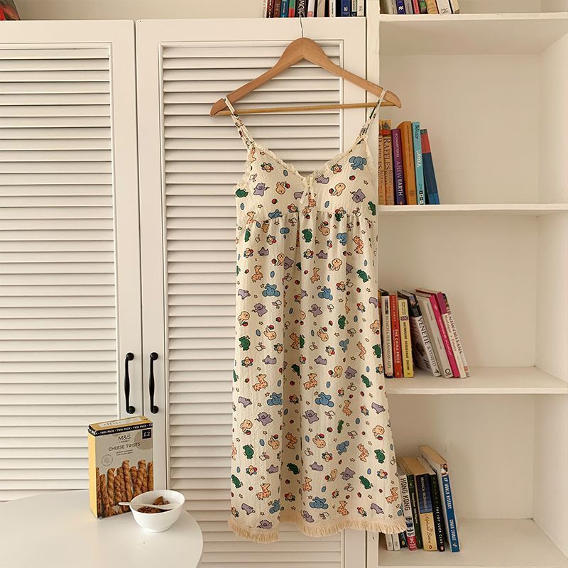 French cute summer new suspender nightdress summer belt chest pad women's foam cotton thin section loose home clothes can be worn outside