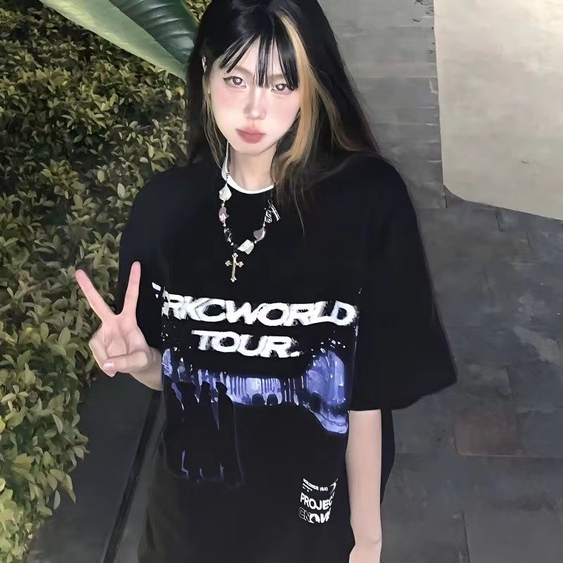 National trend brand American retro design niche black European and American style short-sleeved T-shirt for women summer pure cotton half-sleeved top