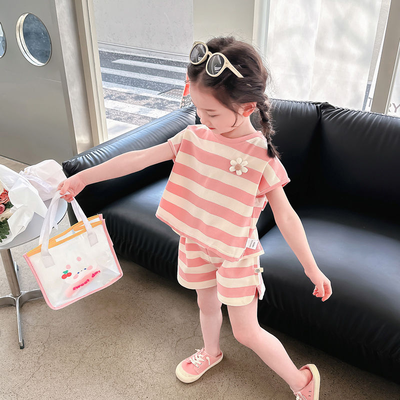 Girls suit striped  new children's clothing Korean style casual loose sports summer short-sleeved baby two-piece set