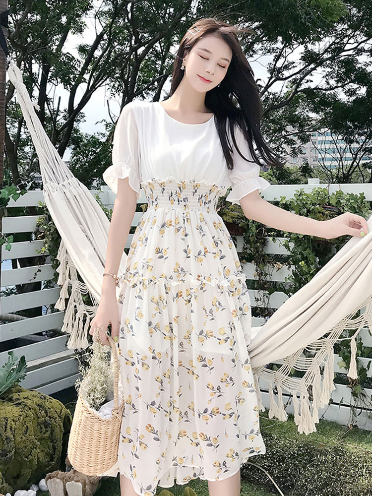 Floral chiffon dress women's summer new waistline slimming gentle temperament sweet fairy mid-length skirt