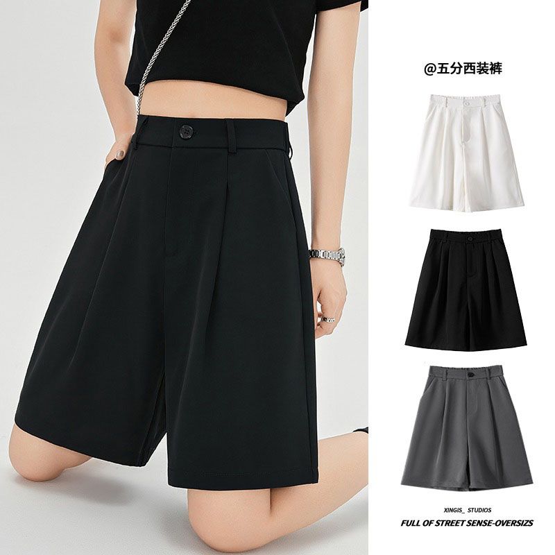Black suit shorts women's summer thin loose casual wide-leg high-waisted straight a-line slim 5-point pants mid-pants