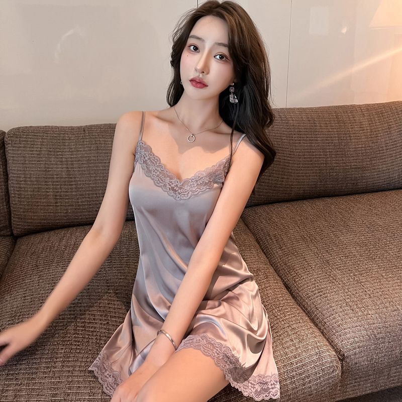 Summer ice silk sling pajamas female sexy V-neck lace cool nightdress thin section spring 2023 new home clothes