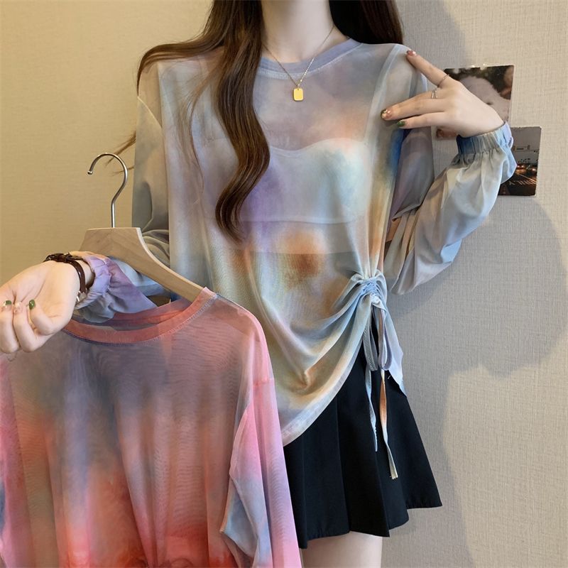 Plus size fat girl design drawstring tie-dye sun protection shirt women's mesh see-through blouse T-shirt summer long-sleeved thin top