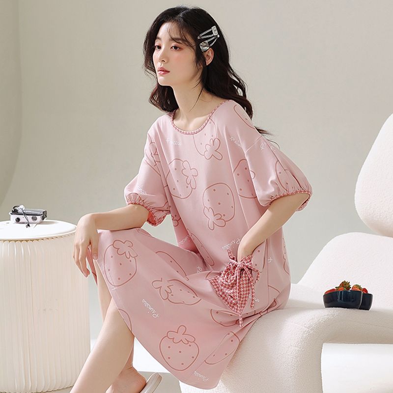 Nightdress women's summer pure cotton net red style 2023 new short-sleeved summer bow strapless pajamas women's home service