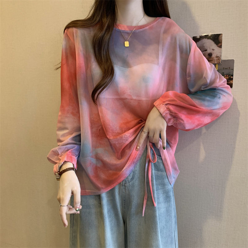 Plus size fat girl design drawstring tie-dye sun protection shirt women's mesh see-through blouse T-shirt summer long-sleeved thin top