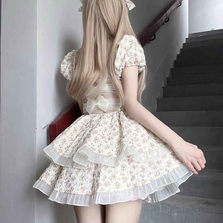 小個子法式蝴蝶結露背連衣裙夏季純欲風辣妹蓬蓬設計感蛋糕短裙女