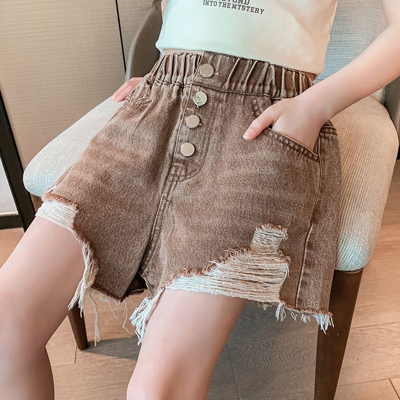 Girls hot pants children's denim shorts new summer clothes little girls raw edge washed pants loose thin half pants trendy