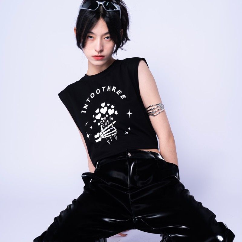 歐美高街美式復古骨髏手愛心印花無袖背心坎肩t恤女夏季新款上衣