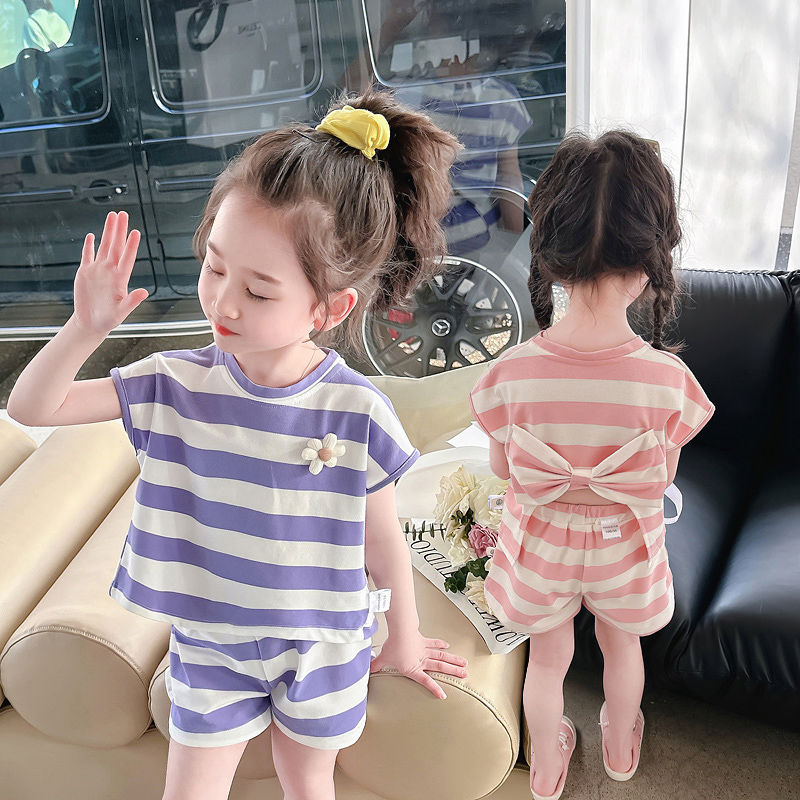 Girls suit striped  new children's clothing Korean style casual loose sports summer short-sleeved baby two-piece set