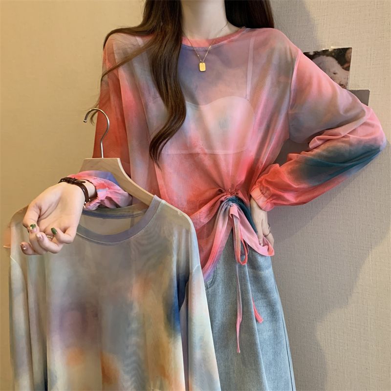 Plus size fat girl design drawstring tie-dye sun protection shirt women's mesh see-through blouse T-shirt summer long-sleeved thin top