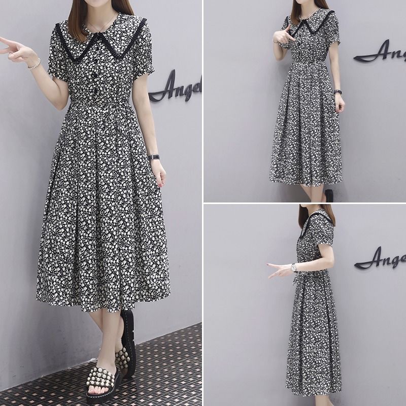 Summer large size fat mm French floral dress women's doll collar slim and fragrant long skirt 2-300 catties