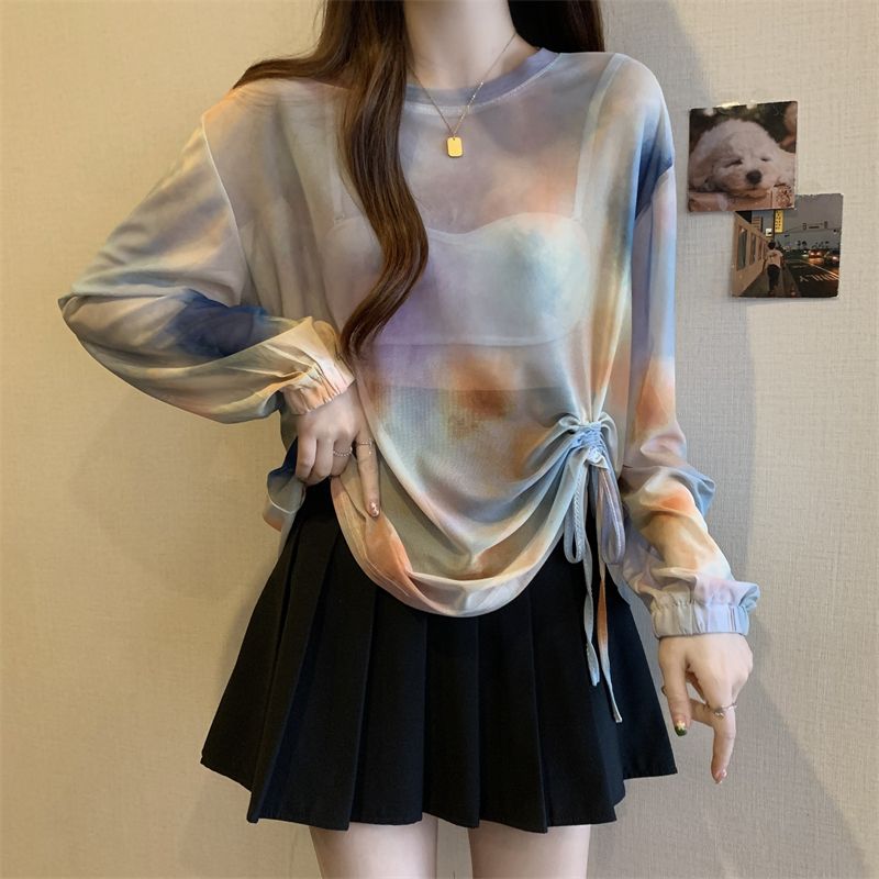 Plus size fat girl design drawstring tie-dye sun protection shirt women's mesh see-through blouse T-shirt summer long-sleeved thin top