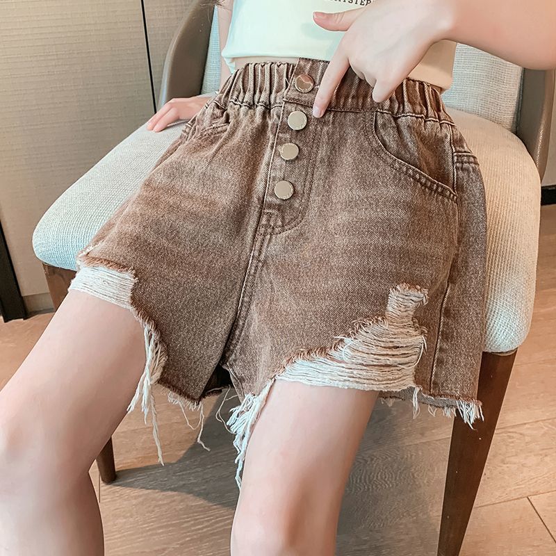 Girls hot pants children's denim shorts new summer clothes little girls raw edge washed pants loose thin half pants trendy