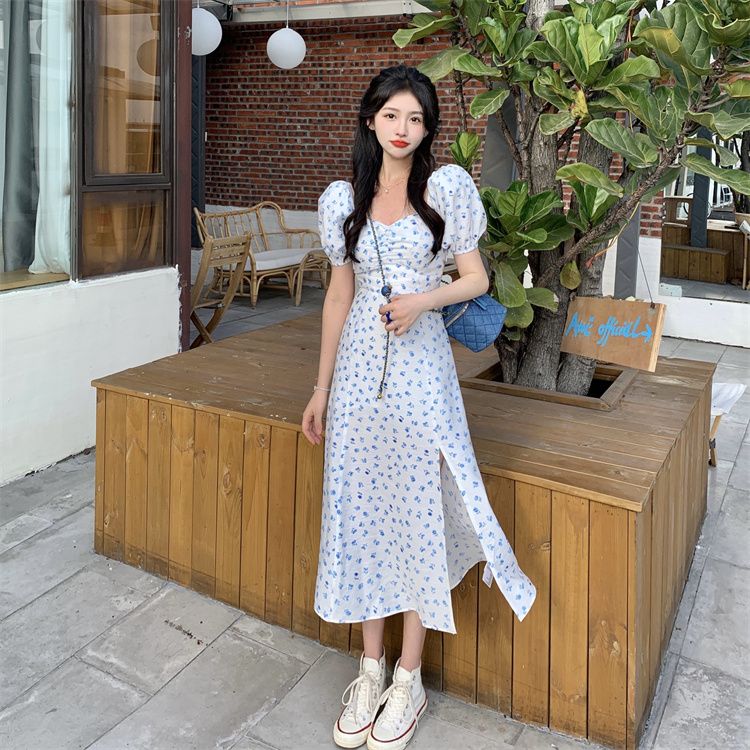 Xiaozi's first love dress with puff sleeves French floral dress women's short-sleeved square collar high slit black tea break skirt