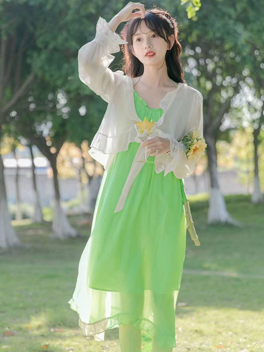 Green suspenders gentle wind super fairy chic dress female summer Korean sweet first love niche mid-length skirt