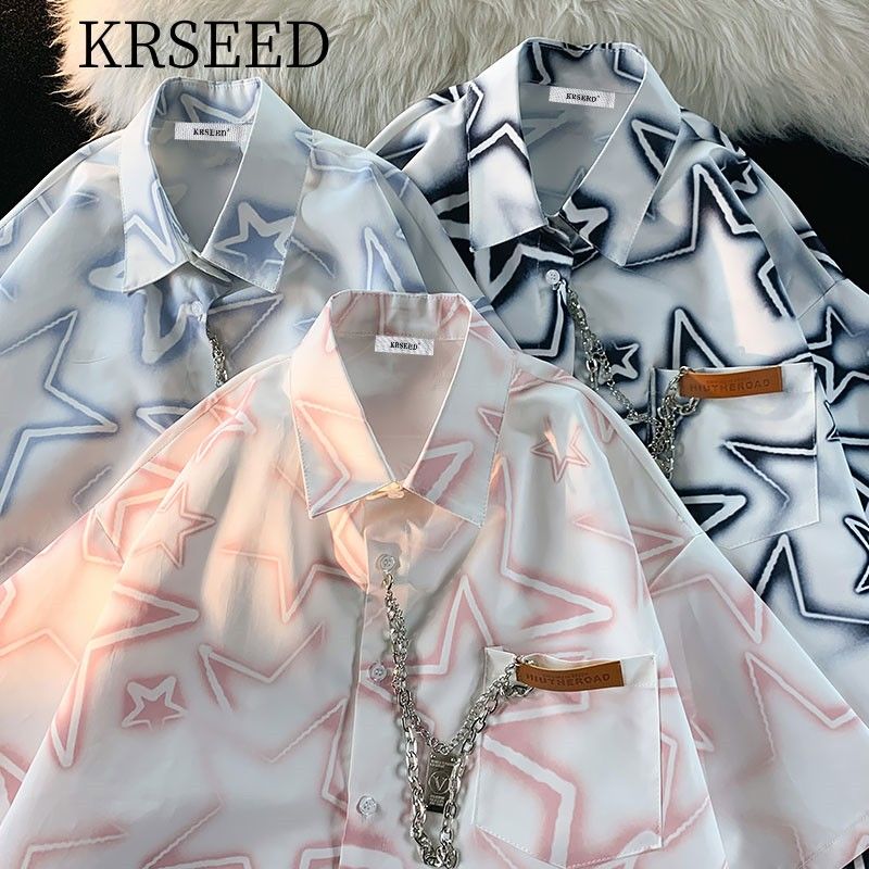 KRSEED夏季歐美潮牌星星滿印短袖襯衫女高街嘻哈寬鬆情侶短袖襯衣