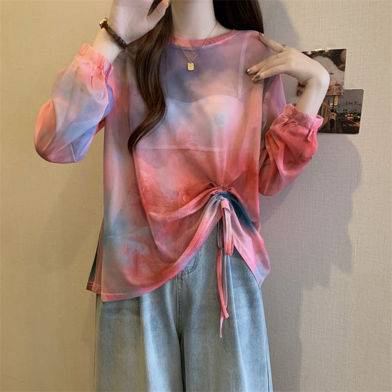 Plus size fat girl design drawstring tie-dye sun protection shirt women's mesh see-through blouse T-shirt summer long-sleeved thin top