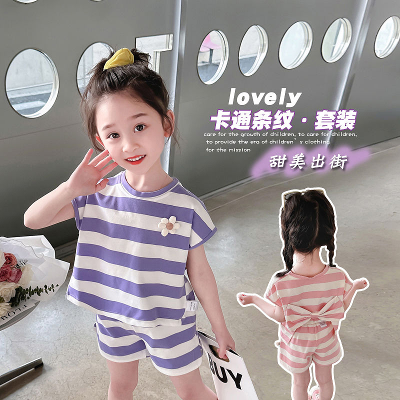 Girls suit striped  new children's clothing Korean style casual loose sports summer short-sleeved baby two-piece set