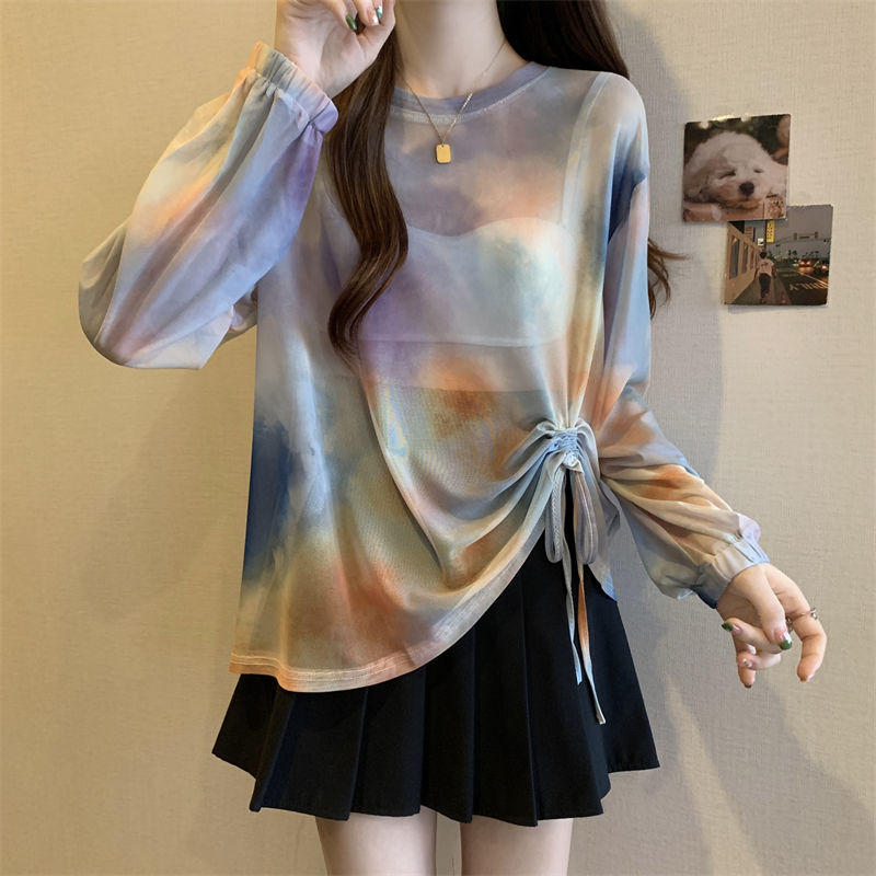 Plus size fat girl design drawstring tie-dye sun protection shirt women's mesh see-through blouse T-shirt summer long-sleeved thin top