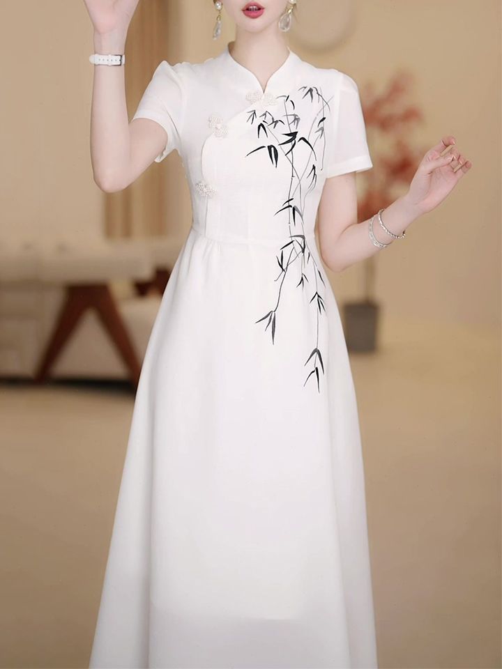 中國風改良旗袍短袖連衣裙2023夏季新款復古立領盤扣修身顯瘦長裙