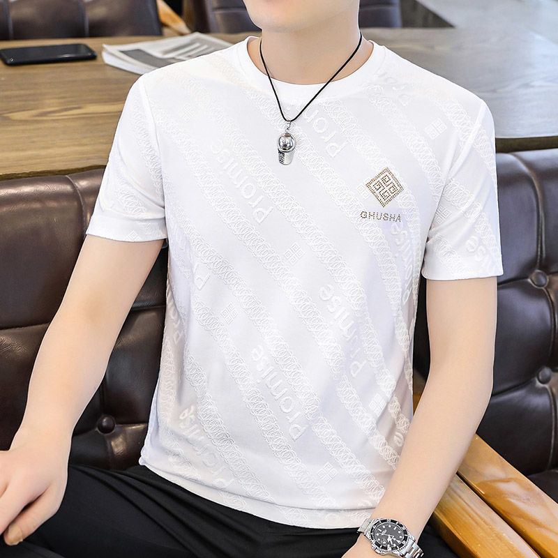 男士短袖t恤2023新款半袖男款圆领体恤男士t血衫冰丝半截提花t恤