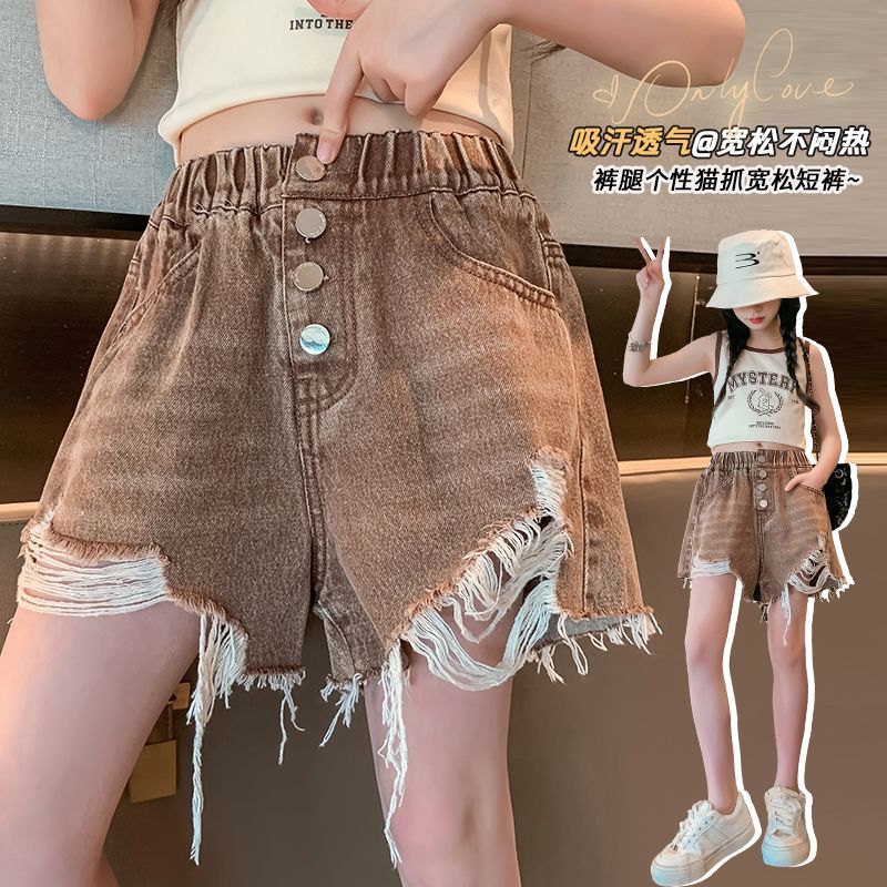 Girls hot pants children's denim shorts new summer clothes little girls raw edge washed pants loose thin half pants trendy
